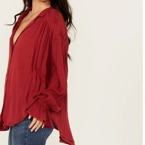Free People Olivia Maroon Red Smocked Floral Button Down Shirt NWT XS Bohemian